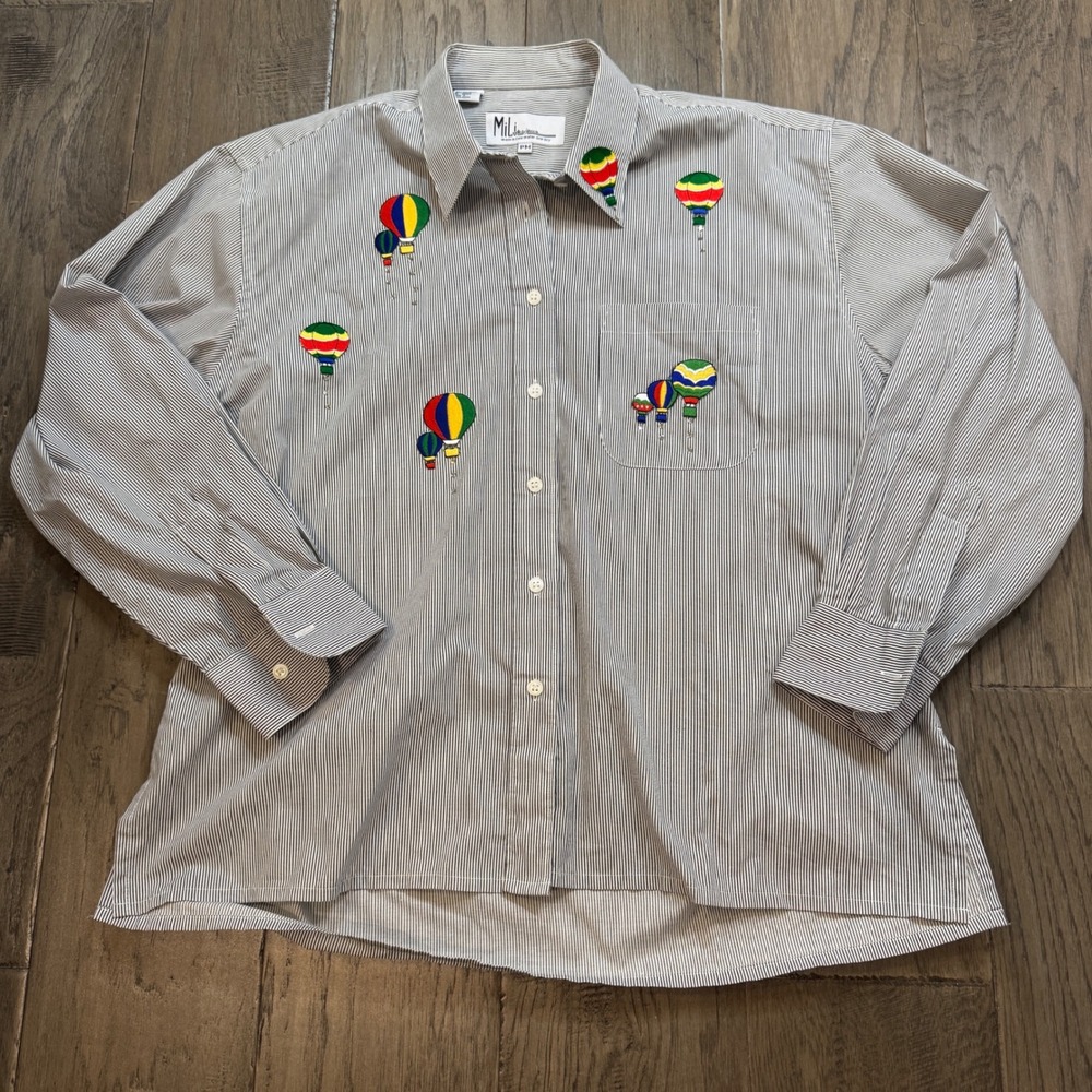 Vintage Mili Designs PM Striped Hot Air Balloon Embroidered Button Up‎ Shirt